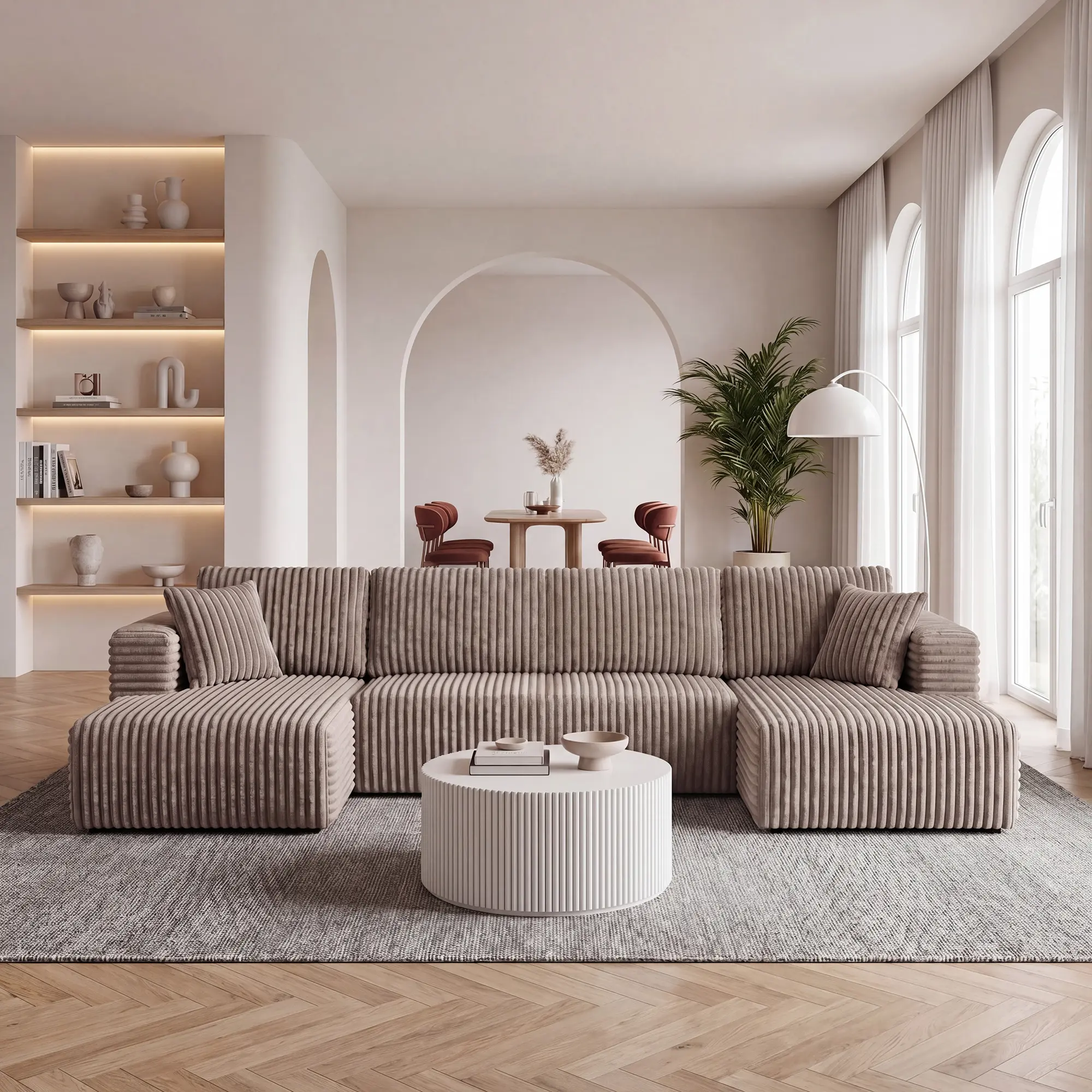 Khaki U-Shape Modular Sectional Sofa - Modern Minimalist Corduroy Sleeper Couch, Space-Efficient Indoor Living Room Furniture