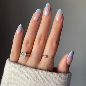 24 Short Almond Press-On Nails, Blue Stripe French Style, French Tips, False Nails, Almond Shape Nails, Reusable Nail Art Set with Jelly Glue and File, Perfect for Parties and Daily Wear, Nail Kit Set, Nail Design Kit