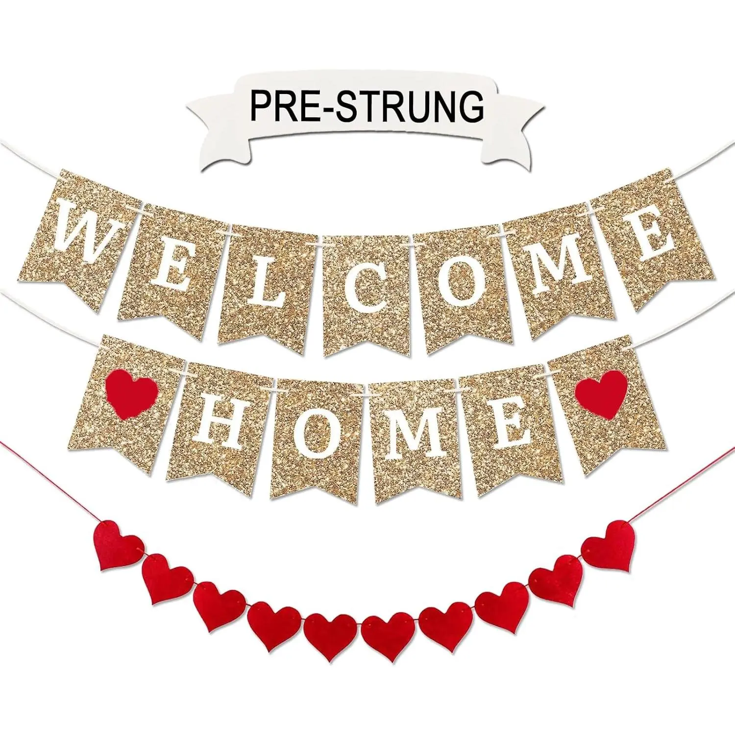 F-PSD03 350 gsm Cardstock Gold Paper Welcome Banner - 8 ft Pre-Strung Anniversary Light, Solid Stable Durable Easy-Install Party Decoration, Home Photo Backdrop for Ceremony, Ready to Hang