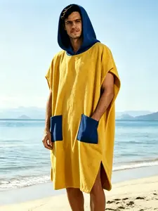 Yellow & Blue Hooded Surf Poncho Changing Robe, Quick Dry Absorbent Beach Towel with Dual Pockets for Swimming, Surfing