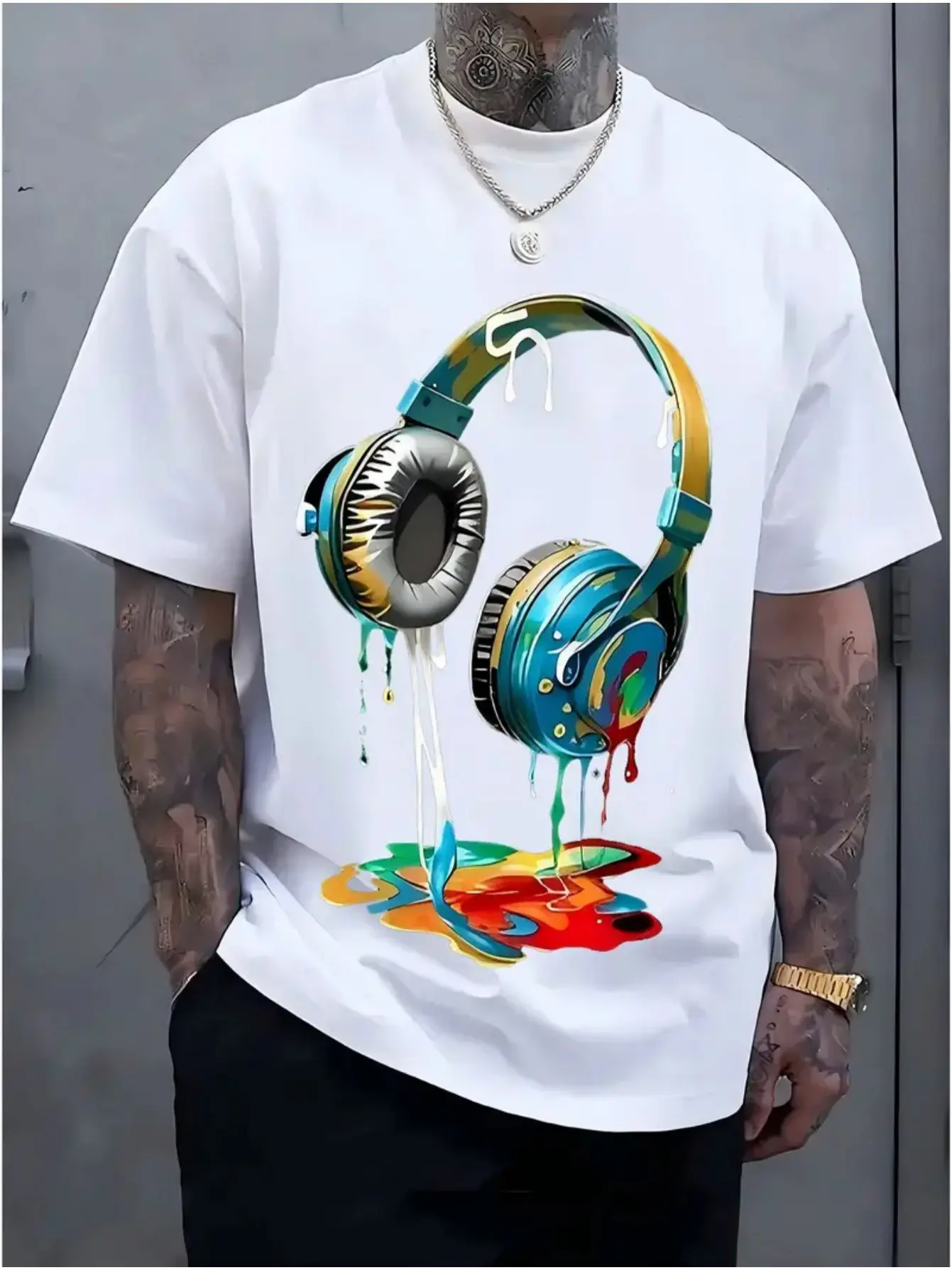 Men's Casual Round Neck Short-Sleeve Cotton Look T-Shirt - Streetwear Graphic Print, Headphone Motif Menswear Top for Party, Outdoor Activities, Casual Fit, Shortsleeve, Mother's Day, St Patrick's Day, Classic Fit, Christmas