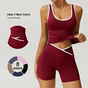 TimeOFF Color-Blocked Halter Crop Tube Top & Mid-Rise Shorts Set, Deep V-Back Cutout & Contrast Binding, Solves Stylish Support & Flattering Fit Need for Yoga, Fitness Classes & Active Lifestyle Scenarios,comfort sweat set,loungesetwomen,sweatsuits women,