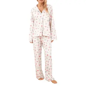 Women Pajamas Lounge Set Strawberry Print Turn-Down Collar Long Sleeve Shirts Tops and Pants 2 Piece Loungewear Outfits Casual Nightwear pajamas pj sets women