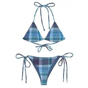 Blue Plaid Bikini, Triangle Bikini Top, Coastal Blue Swimwear, string bikini bottom