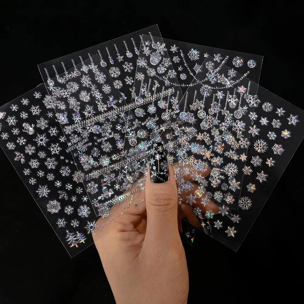 Bronzing Laser Silver Christmas Snowflake Nail Sticker 3D Sparkly Holographic Xmas Decals Nail Art Decoration Manicure Sliders *