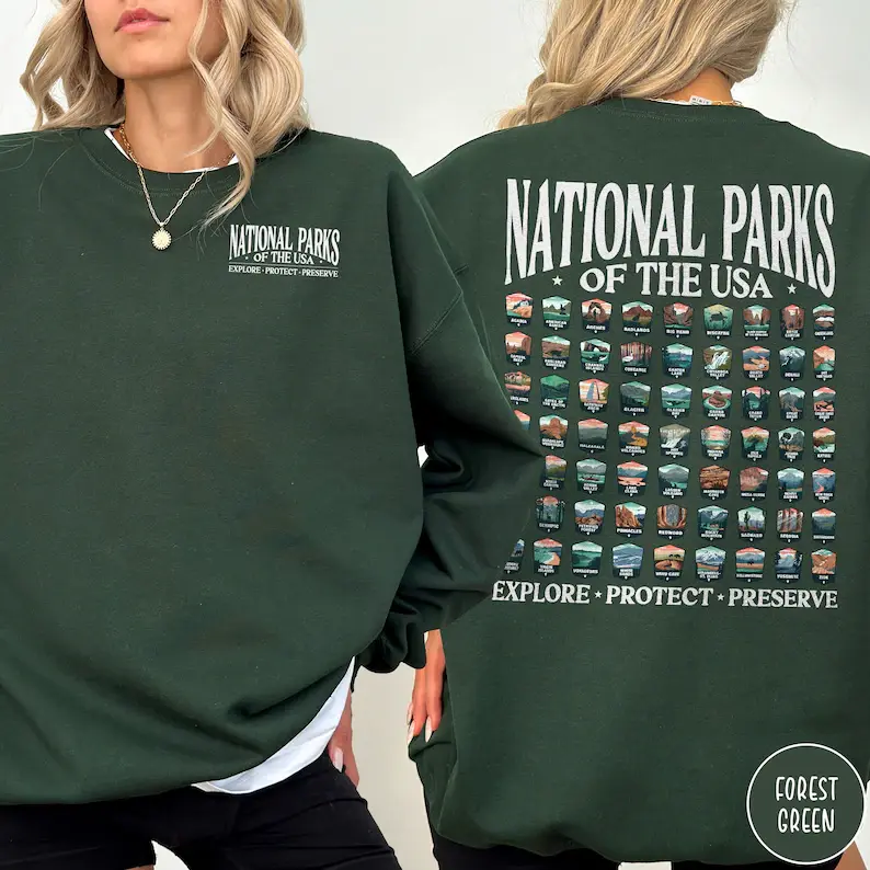2 Sided 63 National Parks Sweatshirt USA National Parks Gift National Parks Sweater Granola Girl Sweatshirt Hiking Sweatshirt Gift