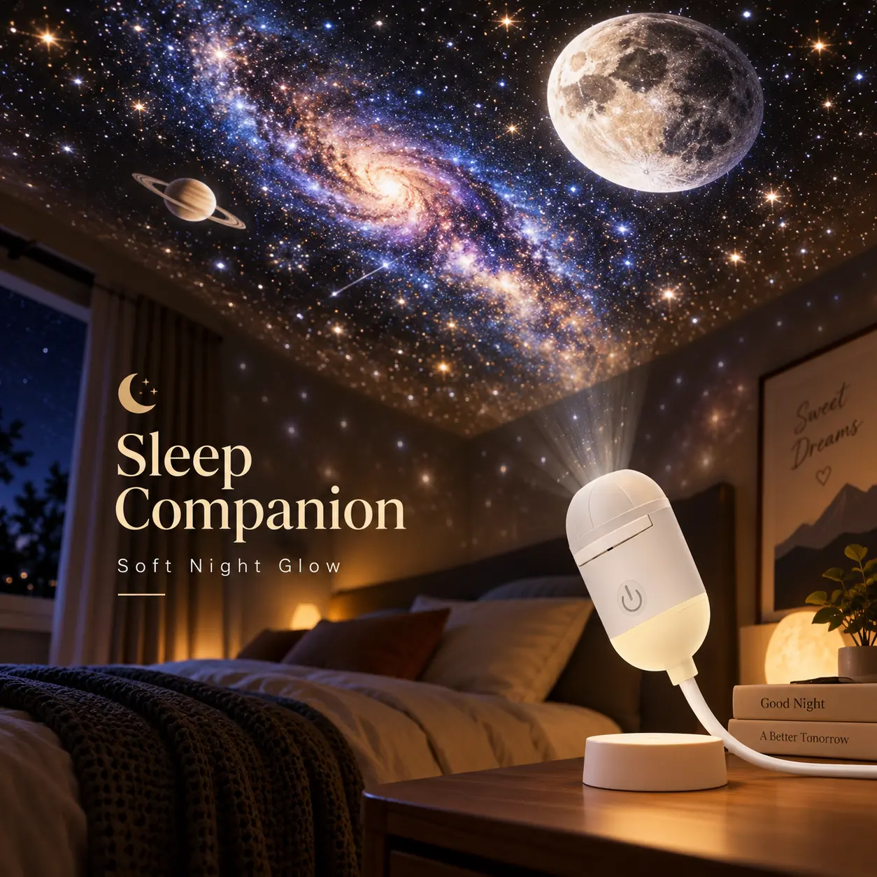 Galaxy Projector Night Light, Starry Sky Projector Lamp for Bedroom, Moon & Galaxy Ceiling Projection Ambient Light, Soft Bedside Night Lamp for Room Decor, Relaxing Night Atmosphere