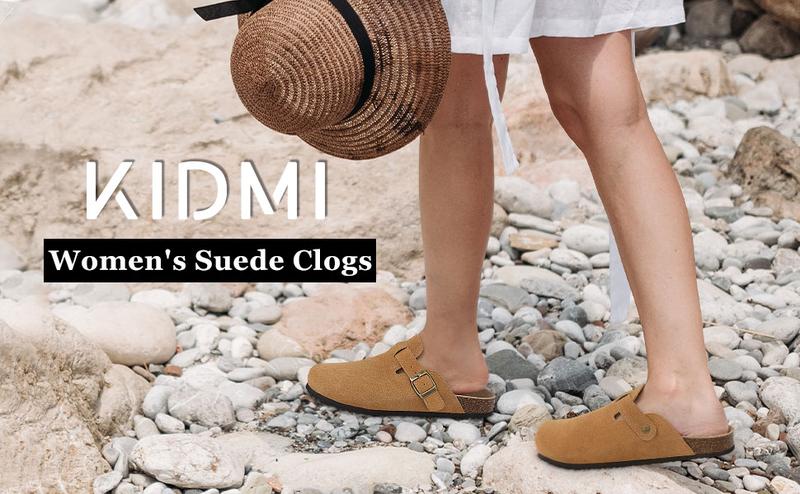 KIDMI Genuine Suede Clogs for Women Men Soft Cork Footbed Leather Mules Comfort Potato Shoes with Arch Support Outdoor Nonslip Walking Shoes
