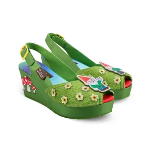 Hot Chocolate Design Naughty Gnome Women's Sandal with Green Grass Fabric Upper, White Flowers, Red Mushrooms, Vegan Synthetic Wedge, Non-Marking Sole, Adjustable Buckle Strap, 2.7 Inch Platform Height