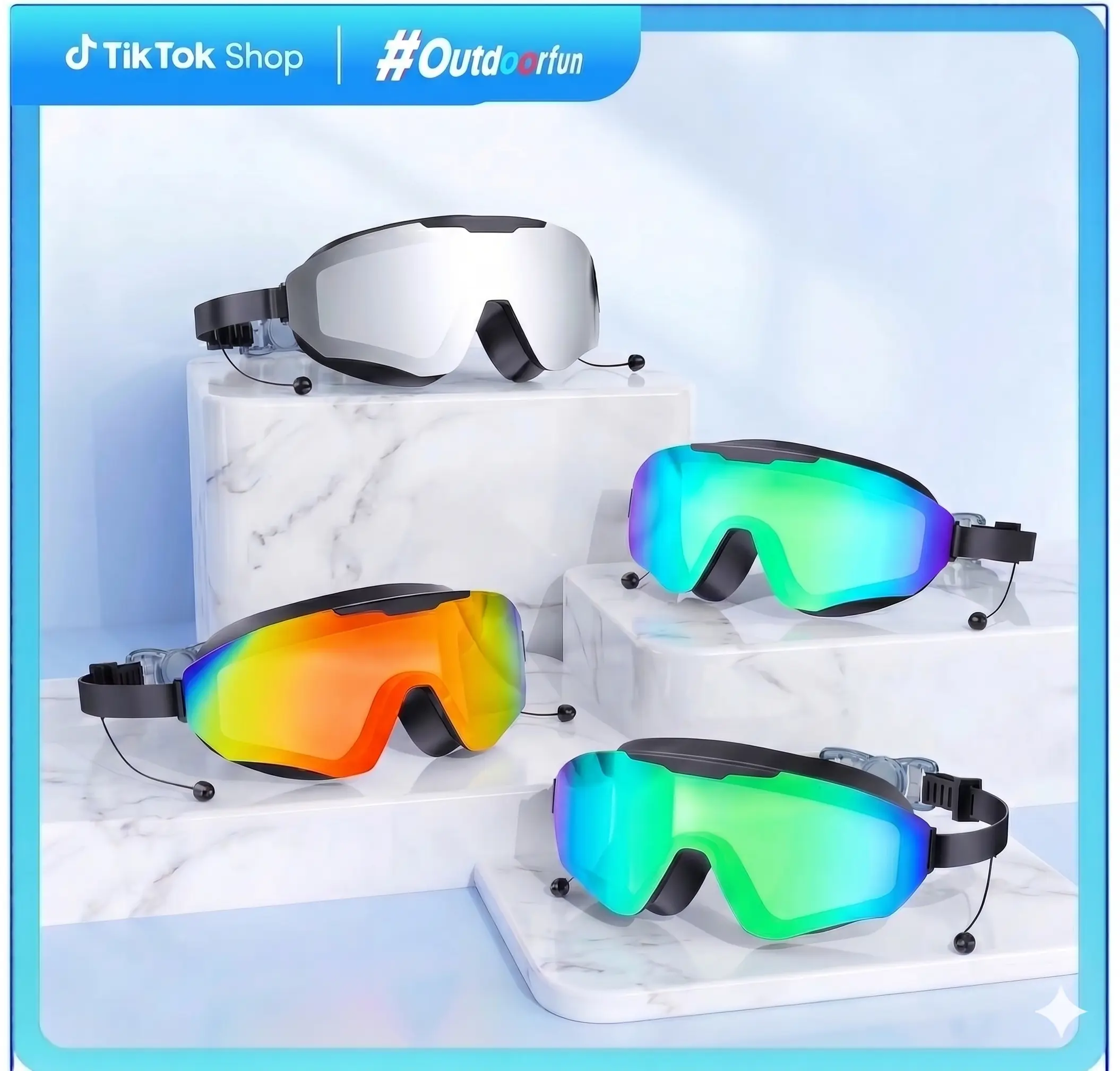 Durable Adjustable Swim Goggles for Adults & Kids - Anti-Fog Full-Coverage, 3-Color UV Lens, Waterproof Earplugs, Nose Clip, Fit for Outdoor Water Sports Swimming, Durable Swimming Goggles, Adjustable Swim Swimming Goggles