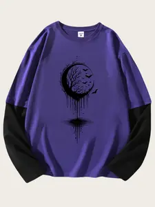 Gothic Moon Pattern Loose Long Sleeve Round Neck Graphic T-Shirt, Fashion Street Casual Style, Comfortable Trendy Top Gift