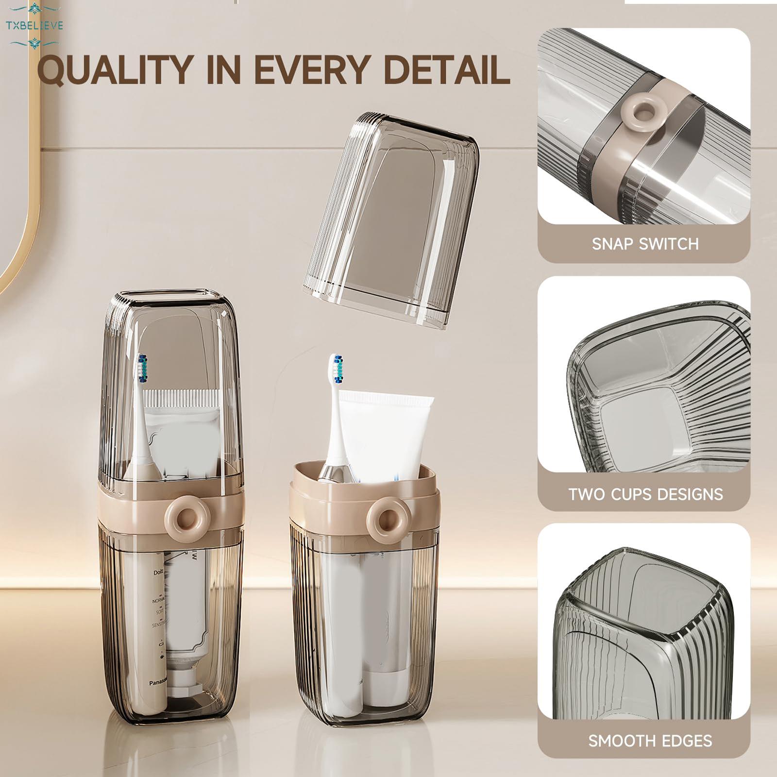 Toothbrush Travel Case, 2 in 1 Toothbrush Holder and Rinse Cup, Large Capacity Toothbrush Cup with Cover, Portable Travel Toothbrush Holder for Traveling, Camping, Trip - 1Pcs - Beige&Clear