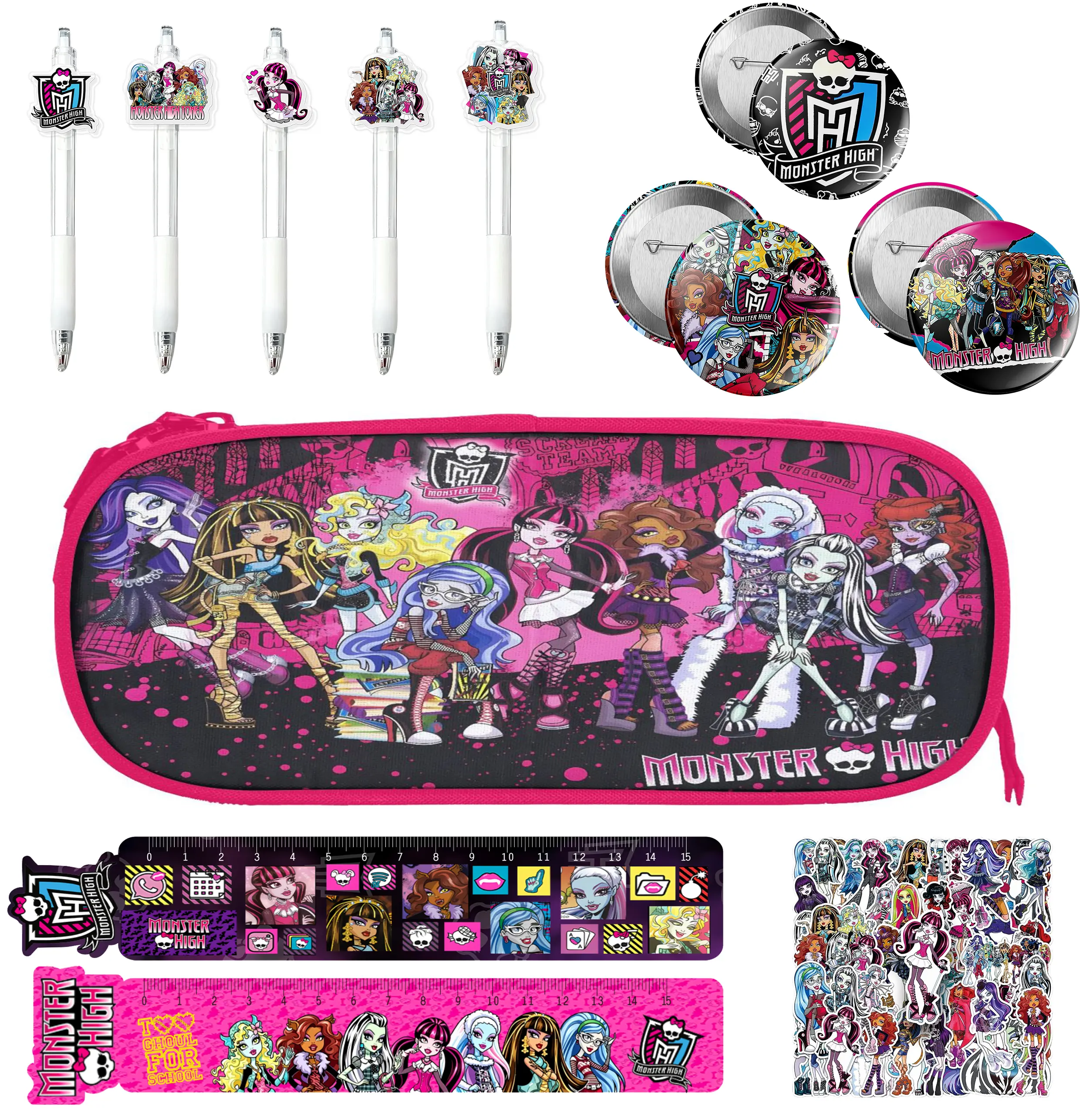 Monster High Cartoon Character Print Zipper Storage Bag - Multi-Compartment Kids' School Pencil Case for Girls' Stationery Organization (Includes Pens, Rulers, Stickers, Badges)