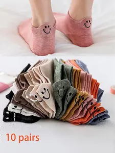 Kawaii Cute Women's Embroidered Ankle Socks 10 Pairs Cotton Ruffled Edge Breathable Soft Stretchy Low Cut Pastel Colors for Casual Lightweight Aesthetic Maternity Bridal Womenswear Outfits Feminine Breathable Fabric Socks