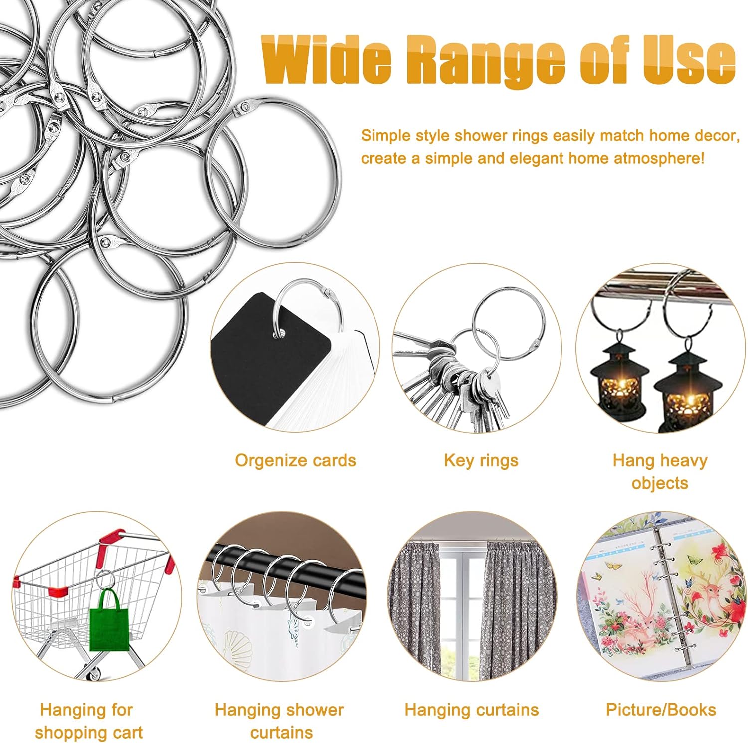 12/24/36 Pack silver metal shower curtain rings without clips, 1.26 inches (3.8 cm) interior diameter, fits up to 1.2 inch rods, heavy-duty rustproof decorative vintage eyelet hangers for drapery, shower curtains, lights, craft projects, and rod hangers.