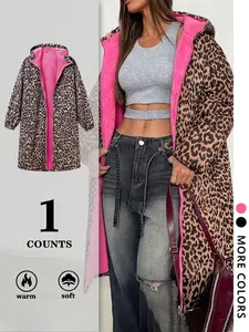 Women's Fleece Long Coat, Fashion Trendy Streetwear, Casual Vintage Leopard Print, All Seasons, Fitted, Versatile Style