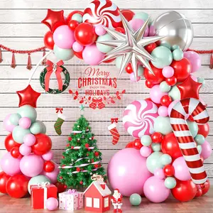 Christmas Balloon Garland Arch Kit, 107Pcs Red Pink Green Balloons Arch With 4D Silver Balloon, Candy Cane Windmill Silver Explosion Star Foil Balloons For New Year Party Supply