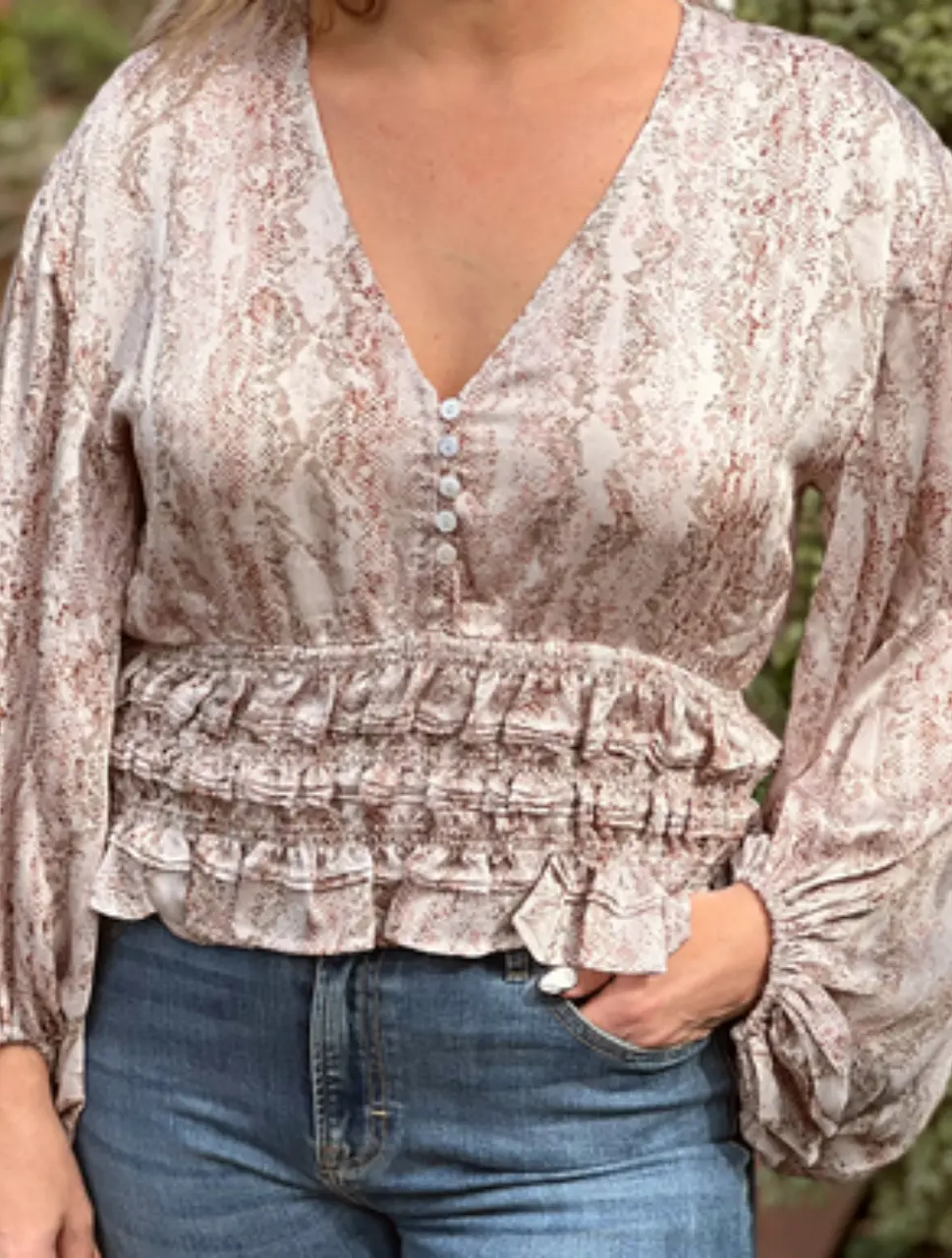 ON SALE- Mauve Python Print Waist Smocked Top