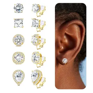 FASACCO 5Pairs Clip on Earrings for Women Non Pierced CZ Earrings Comfortable Silver Clip Earrings for Wedding and Dance Competitions Hypoallergenic