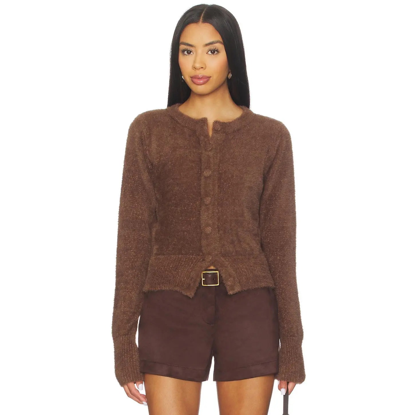 SNDYS Kailey Fluffy Knit Cardigan in Chocolate