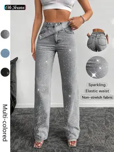 Women's Latest Rhinestone Fashion Denim Straight Leg Pants, Comfortable High Waist Slimming, Adjustable Wide Leg, Washed Jeans Long Pants, Button, Trouser