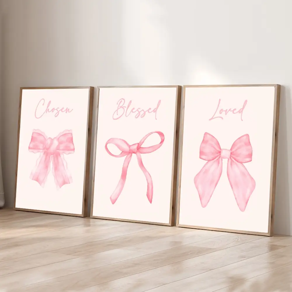 Set of 3 Unframed Pink Bow Motivational Preppy Art Poster Coquette Girly Room Dopamine Decor Painting Canvas Print Trendy Wall Picture for Dorm,Apartment,Girl Room,Bedroom,Living Room,Modern Home Decoration