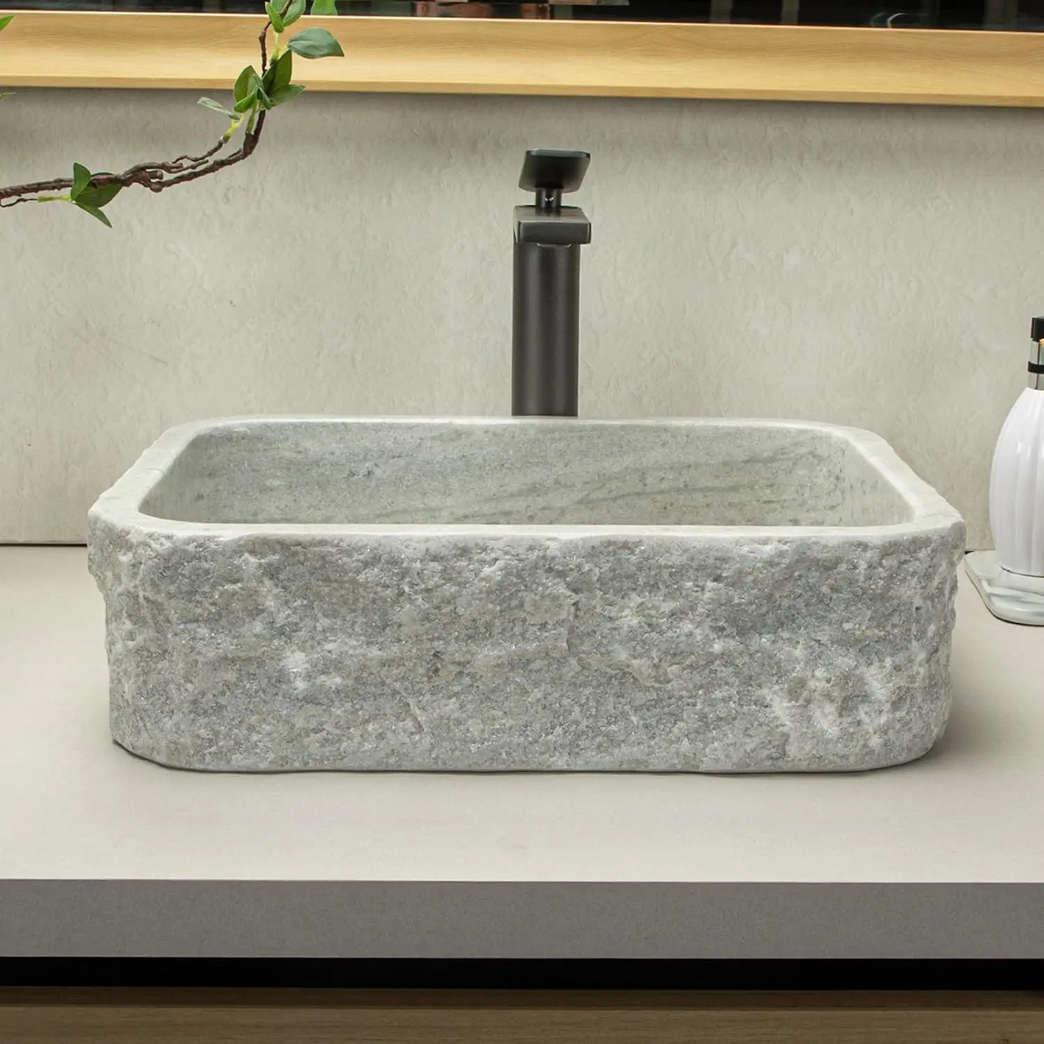 100% Handcrafted Stone Vessel Sink with Rectangular White Striped Design - Rustic Farmhouse Style for Bathroom Vanity or Countertop Medium Sized