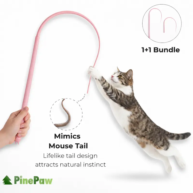 PinePaw Mimic Tail Interactive Kitten Wand Cat Toy Set - Non-Toxic, 2 Replaceable Teaser Heads, Mouse Tail Design, Attracts Natural Instinct, Easy to Use, Encourages Interactive Play