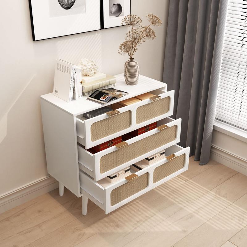 Giratree 3 Drawer Dresser, Modern Rattan Dresser Chest with Wide Drawers and Metal Handles, Farmhouse Wood Storage Chest of Drawers for Bedroom, Living Room, Hallway, Entryway