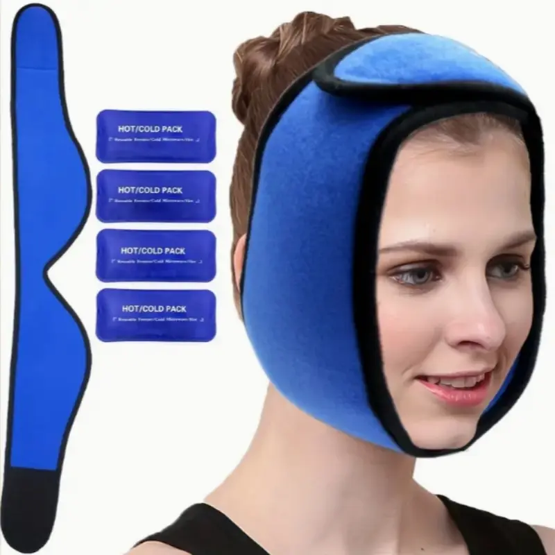 Reusable Ice Belt for Face with 4 Gel Bags, 5 Counts/set Including 1 Belt and 4 Gel Packs, Hot & Cold Compress Face Ice Pack, Face Relief Ice Gel Bag for Face, Jaw, Head, Facial Care Tools, At Home Facial, Self Care Tool