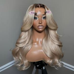 Ombre Ash Blonde Body Wave Lace Frontal Wig Human Hair Wig 13X6 HD Transparent Lace With Elastic Strap 180% Density Highlight Ash Blonde Milk Tea Colored Wig Natural Hairline For Woman