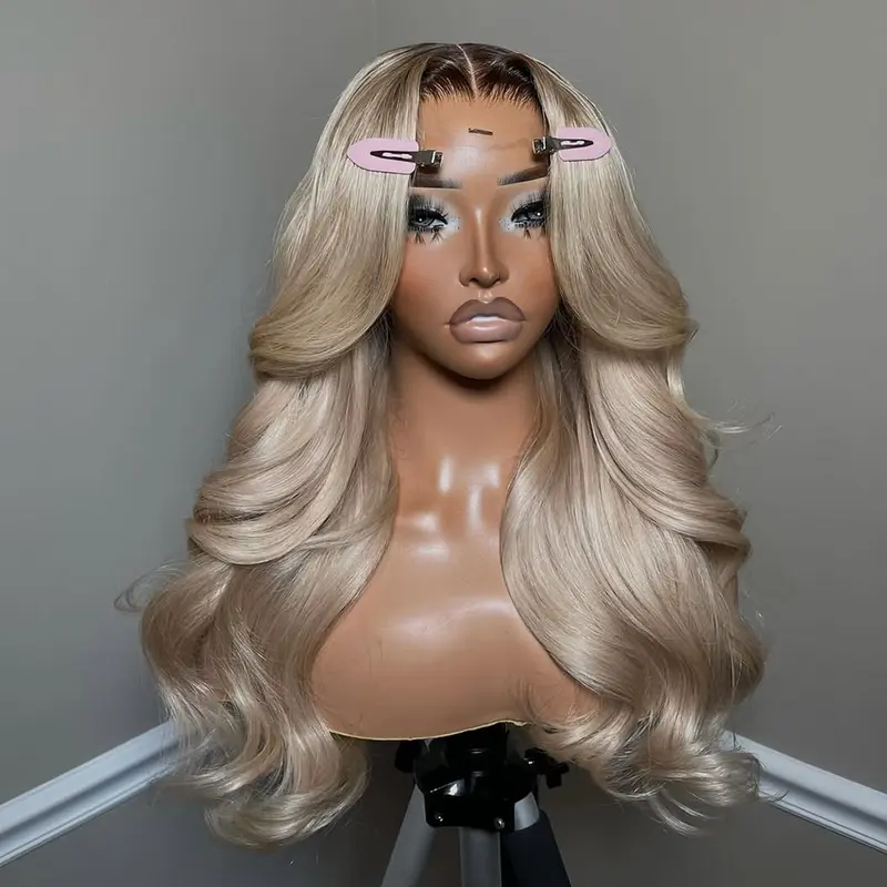 Ombre Ash Blonde Body Wave Lace Frontal Wig Virgin Human Hair Wig 13X6 HD Transparent Lace With Elastic Strap 180% Density Highlight Ash Blonde Milk Tea Colored Wig Natural Hairline For Woman