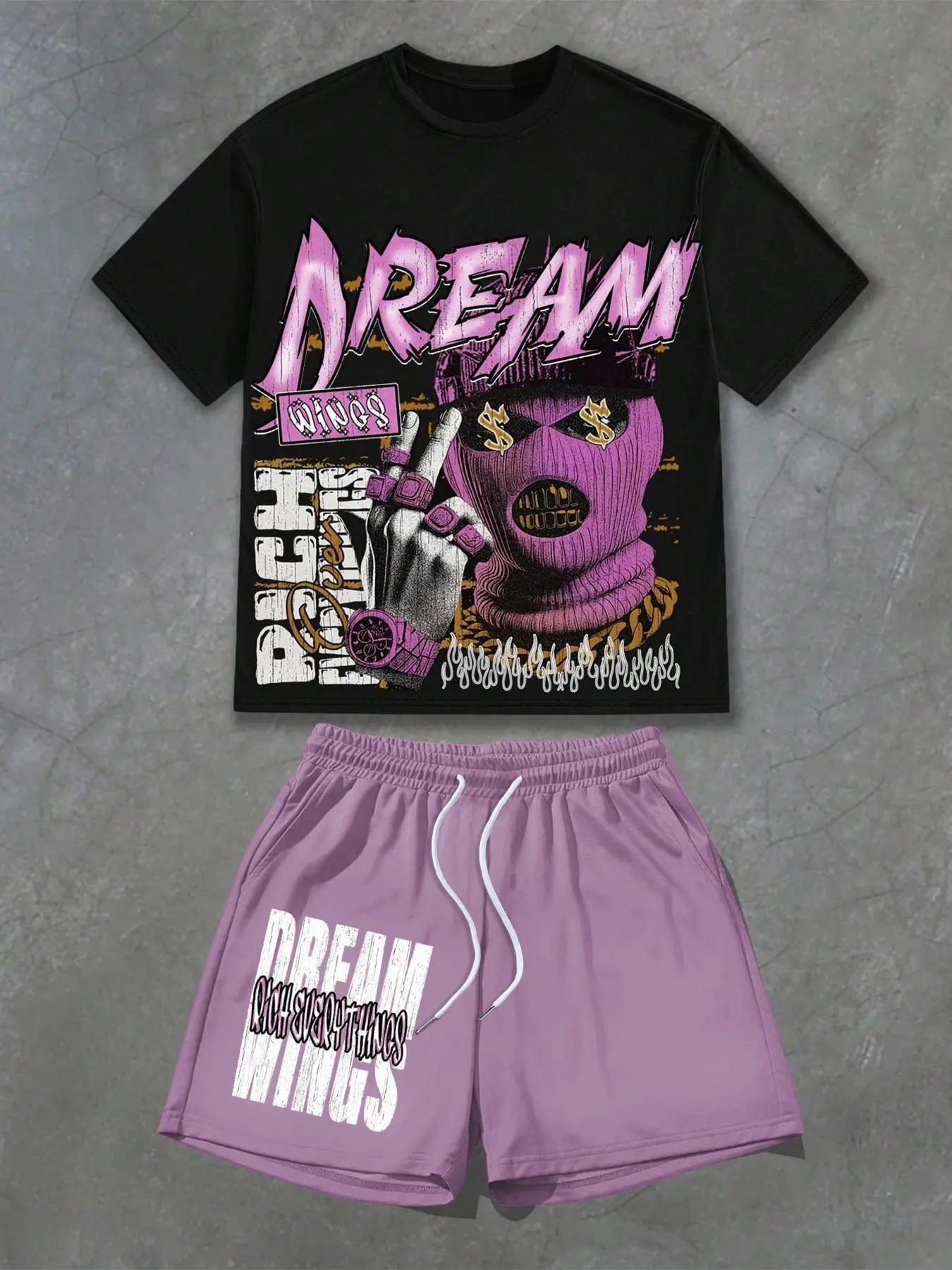 Men Women Short Sleeve T-Shirt Shorts Set, Knitted Summer Casual, Masked Avatar Graphic Print Design, Comfortable Fashion, Suitable for Daily Outdoor Activities, Clothes, Outfit