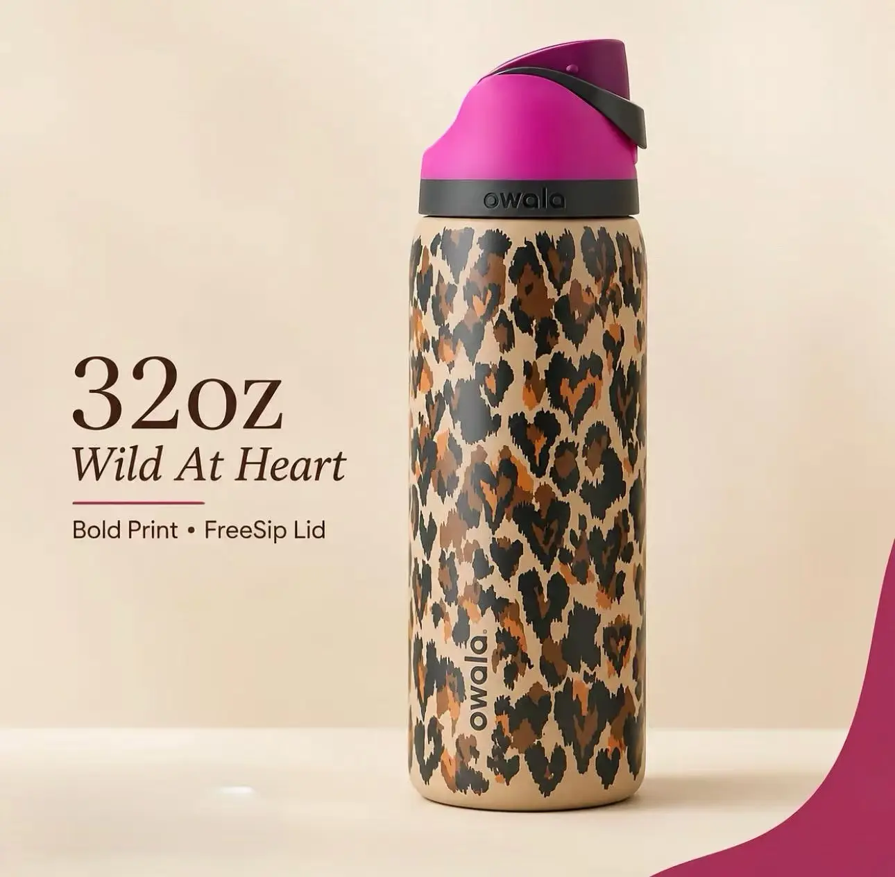 Owala 32oz Leopard Print Stainless Steel Vacuum Flask - Wild at Heart FreeSip Straw Lid Water Bottle, Single Bottle for Everyday Use, Flasks