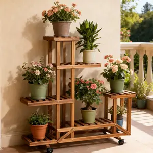 Solid Wood 6 Tires Flowers Rack Plant Shelves Stand Natural Wooden Bonsai Display Shelf Wheels for Indoor Outdoor Yard Garden Patio Balcony