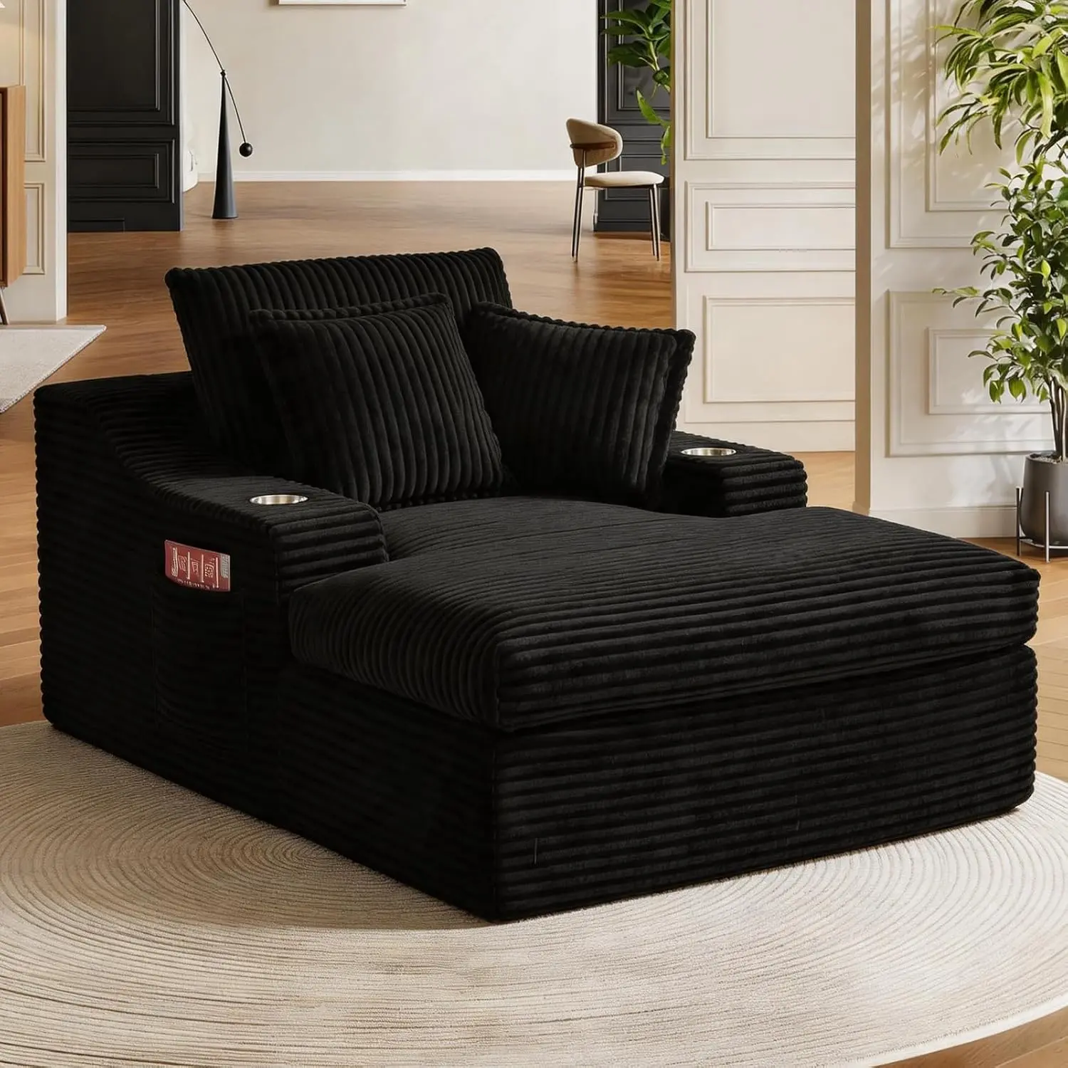 67.7" Oversized Chaise Lounge Chair Indoor, Upholstered Sleeper Sofa Bed,Boneless Reading Chair with Cup Holders & 3 Pillows, Deep Seat Corduroy Cloud Sofa for Living Room, No Assembly, Black