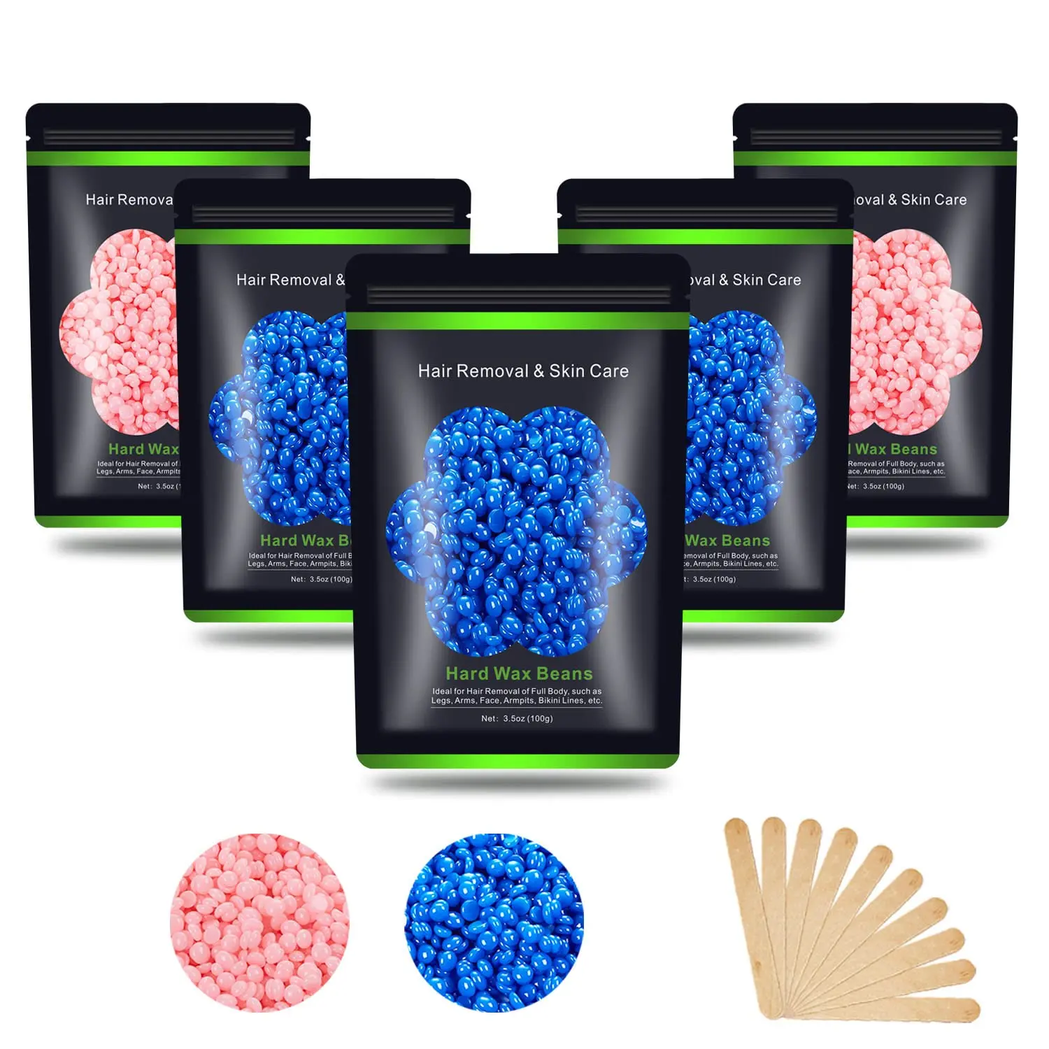 Wax Beads for Hair Removal 1.1 lb (17.6 oz), Hard Wax Waxing Beads Kit for Sensitive Skin, Face, Bikini, Eyebrow, Legs, Painless for Women Men, 5 packs with 10 Sticks