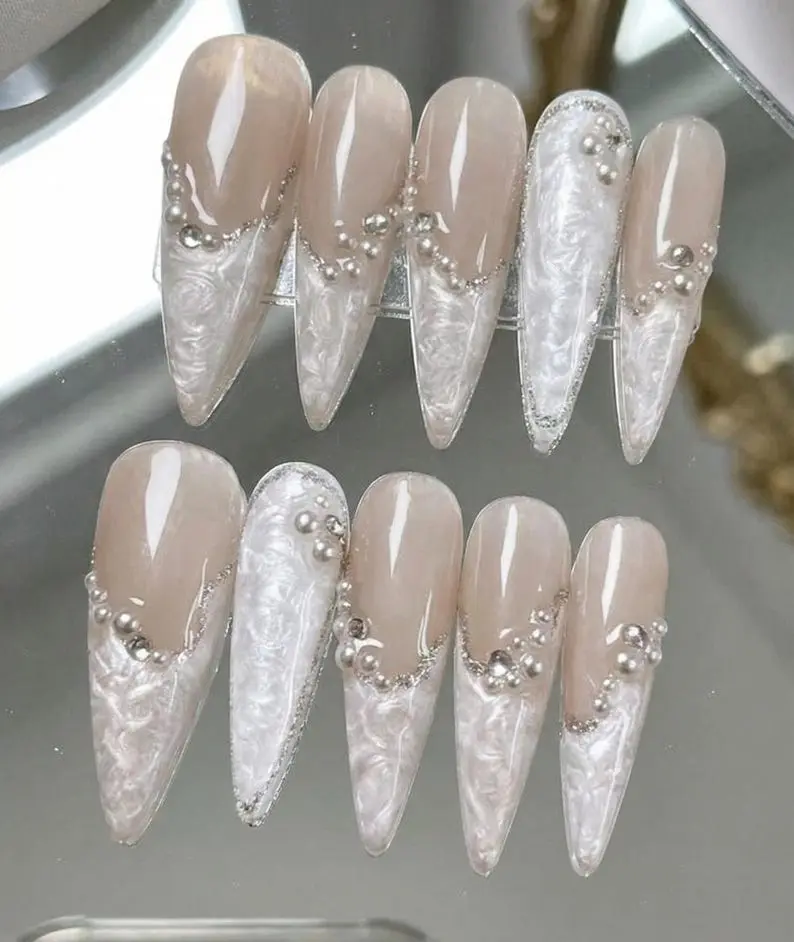 Luxury Pearl Shell Press On Nails: Bridal White French Tip & Rhinestone Set
