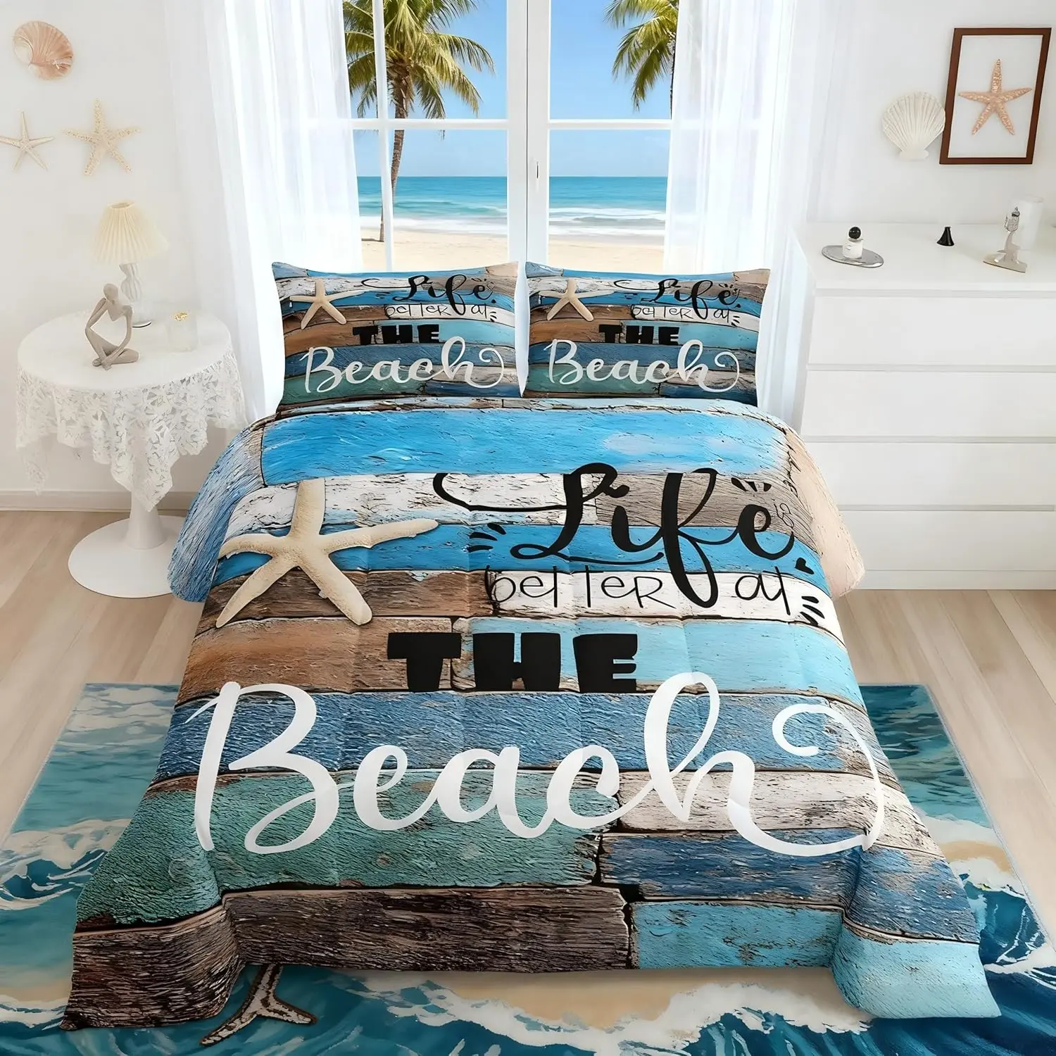 Feelyou Multi-Size Ocean Theme Comforter Set - Blue Vintage Brown Rustic Farmhouse Wooden Decor,Hawaiian Starfish Sea Life Quilt with Duvet Insert,Decorative Bedding Set,Machine Washable RV-Ready Room Decor