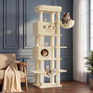 【Highly selectable】Hzuaneri Cat Tree Tower,Spacious Cat House Condo with Hidden Space，Sturdy Steel Tube，Soft Plush Top Perch，Cozy Hammock and Sisal Scratching Posts