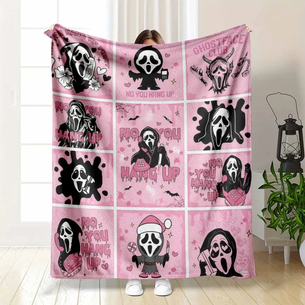Pink Ghost Face Flannel Blanket Cute Horror Phone Call Print Soft Plush Warm Sofa Bed Throw for Home Decor Movie Night Halloween Party Valentine's Gift