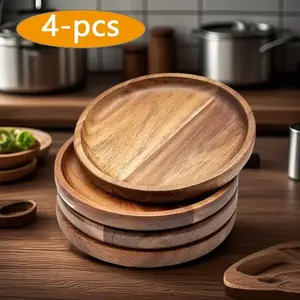 4pcs Teak Tray Set, Round Design for Coffee, Tea, Snacks, Sweet Treats, Wooden Candle Holder, Home Decor, Kitchen Accessories, Graduation Gift, Coasters