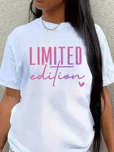 Women's Limited Edition Geometric Print Casual Sport Tee - High-Stretch Polyester Blend T-Shirt, Breathable Crew Neck Short Sleeve Top for Spring Summer Fall, Machine Washable Athletic & Casual Attire, Ladies T Shirts, Lifestyle Shirt, Fashionable Athleti