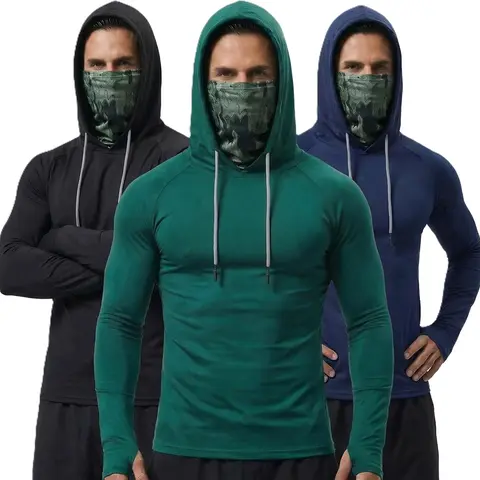 Male Athletic Fashion 3-Piece Longsleeves Hoodie Set - Quick-Dry Breathable Compression Shirts, Drawstring, Full-Coverage Mask, Muscle Support, Dust-Bug Barrier for All Seasons Tactical Hiking Outdoor Work