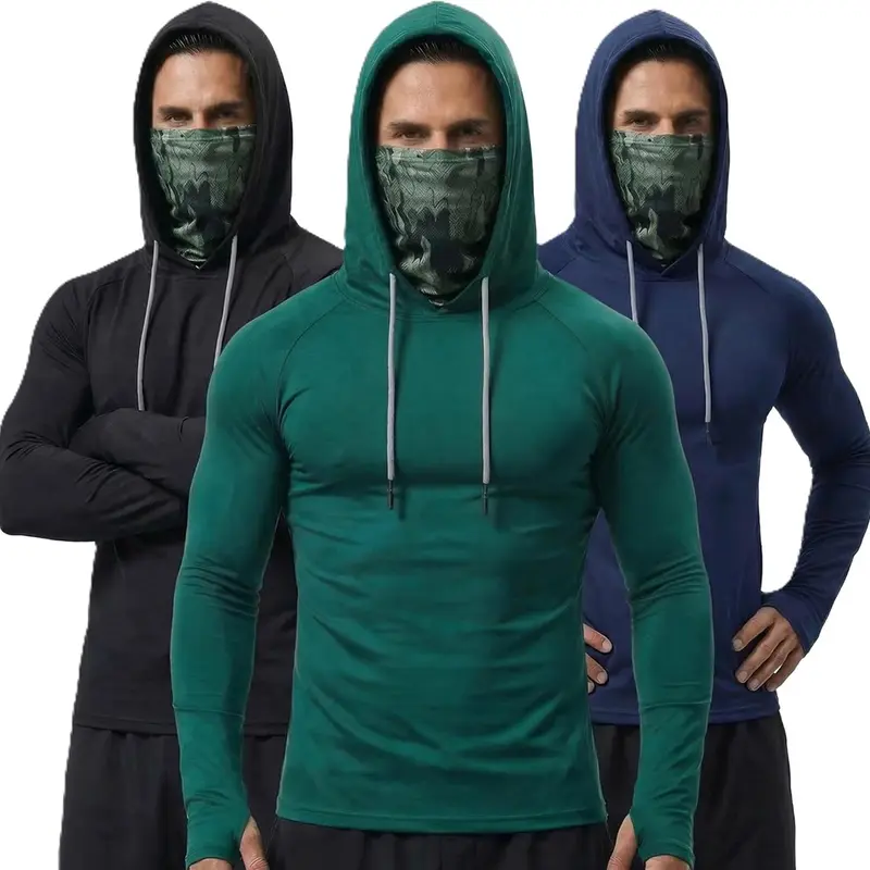 Male Athletic Fashion 3-Piece Longsleeves Hoodie Set - Quick-Dry Breathable Compression Shirts, Drawstring, Full-Coverage Mask, Muscle Support, Dust-Bug Barrier for All Seasons Tactical Hiking Outdoor Work