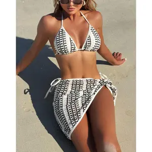 Women's Crochet Triangle Bikini Set with Matching Sarong Cover Up - Boho Striped Three Piece Swimsuit for Beach Vacation