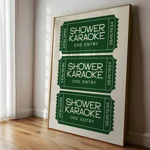 Shower Karaoke Ticket Wall Art Print, Girly Preppy Shower Singing Poster, Funny Bathroom Decor, Green Retro Home Wall Art, Trendy Room Decor, Unframed