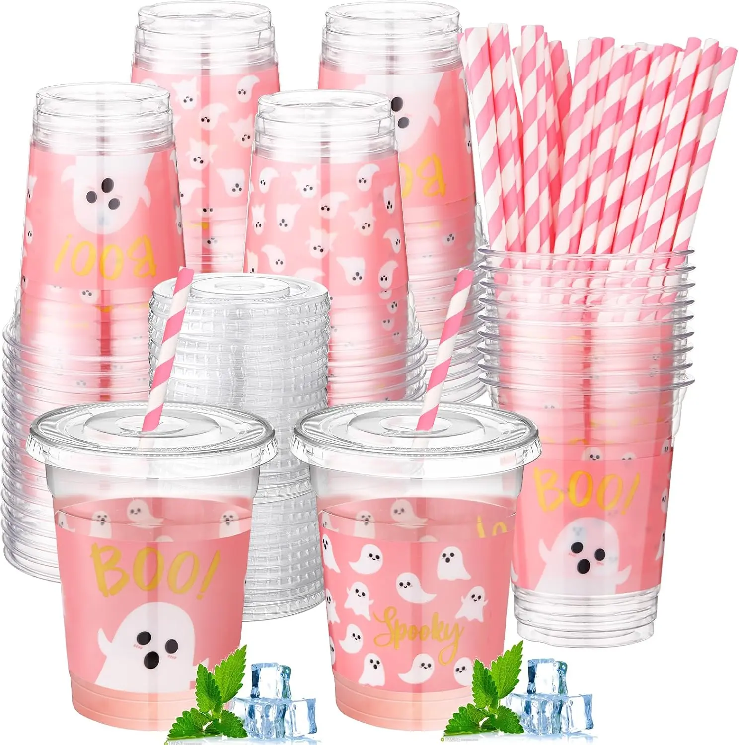 Halloween fall Gift 50 Pcs Halloween Ghost Party Disposable Plastic Cups 12 oz with Lids Straws Themed Party Supplies Plastic Tumbler for Birthday Table Decorations Favors(Pink)