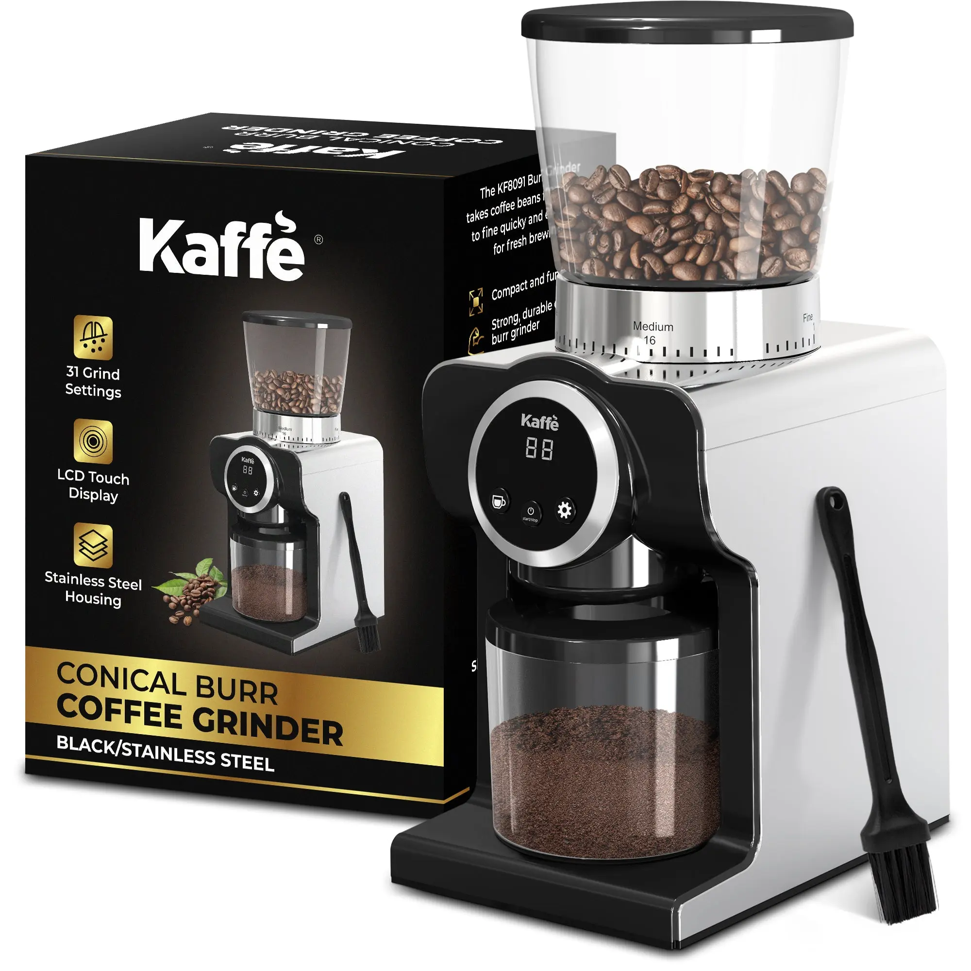 Kaffe 9oz Electric Burr Coffee Grinder – Conical Burr, 31 Settings, Touch Screen, Timer & Cup Selector