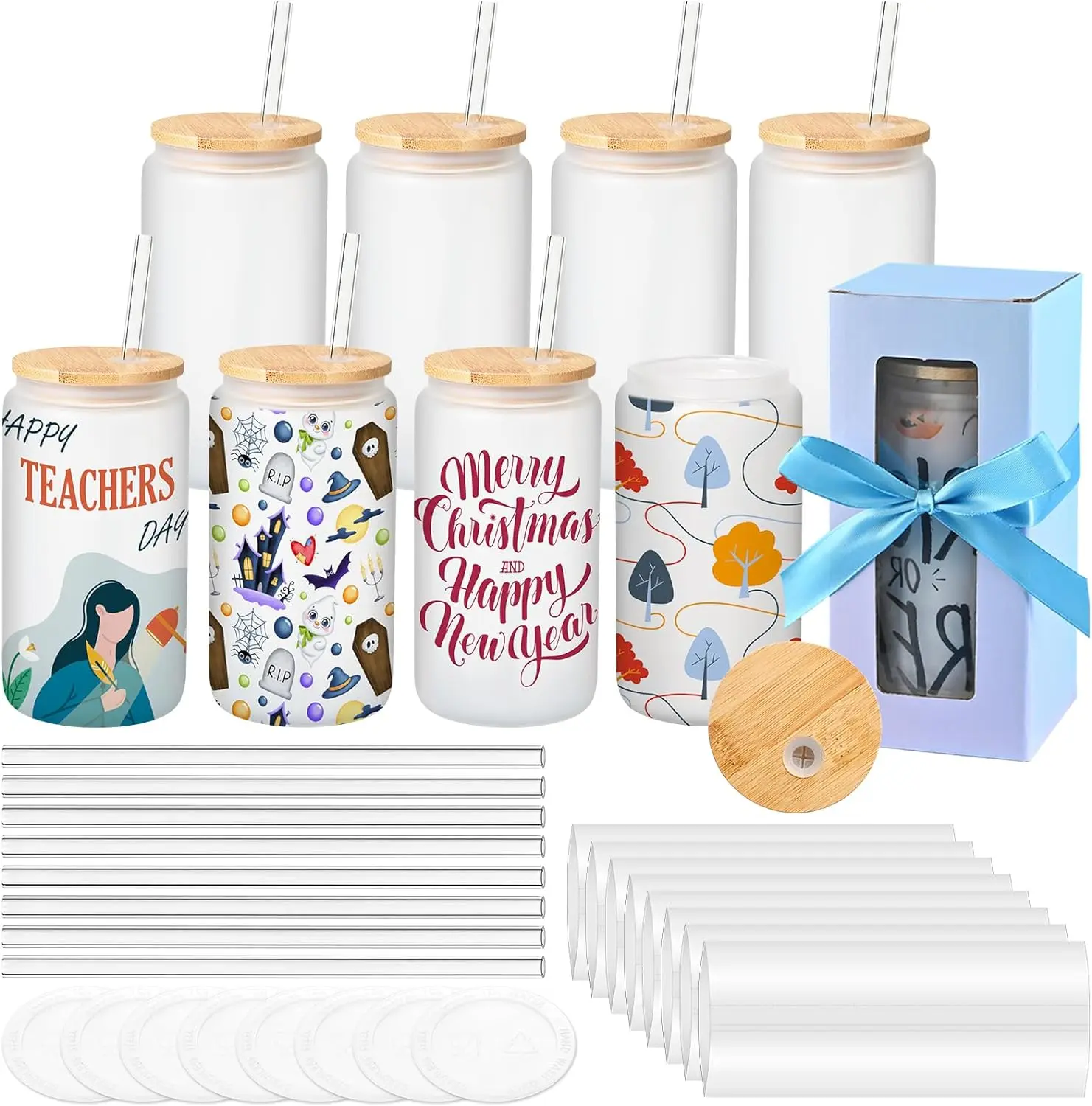 Sublimation Glass Blanks With Bamboo Lid, 16OZ Frosted Sublimation Beer Can Glass with Glass Straws Gift Box Mason Jar Cups Mug Travel Tumbler for Beer, Juice, Soda, Iced Coffee, Drinks(8 PACK) Drinkware Set